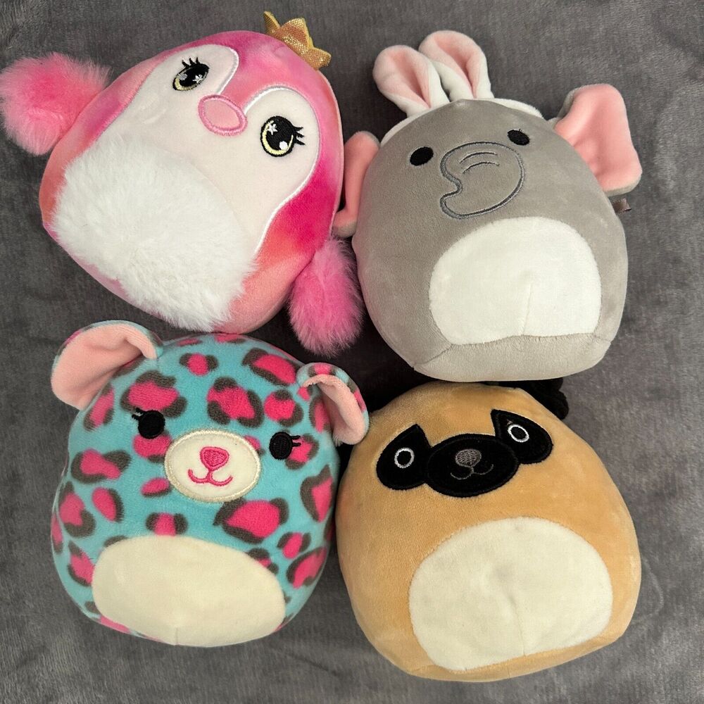 Mini Squishmallow 5" Lot Cherish Elephant, Chelsea Leopard, Scented Penguin, Pug